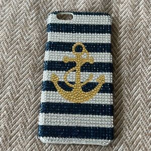 Icing iPhone 6 Plus Crystal phone case. Navy & White Striped W/Gold Anchor. EUC